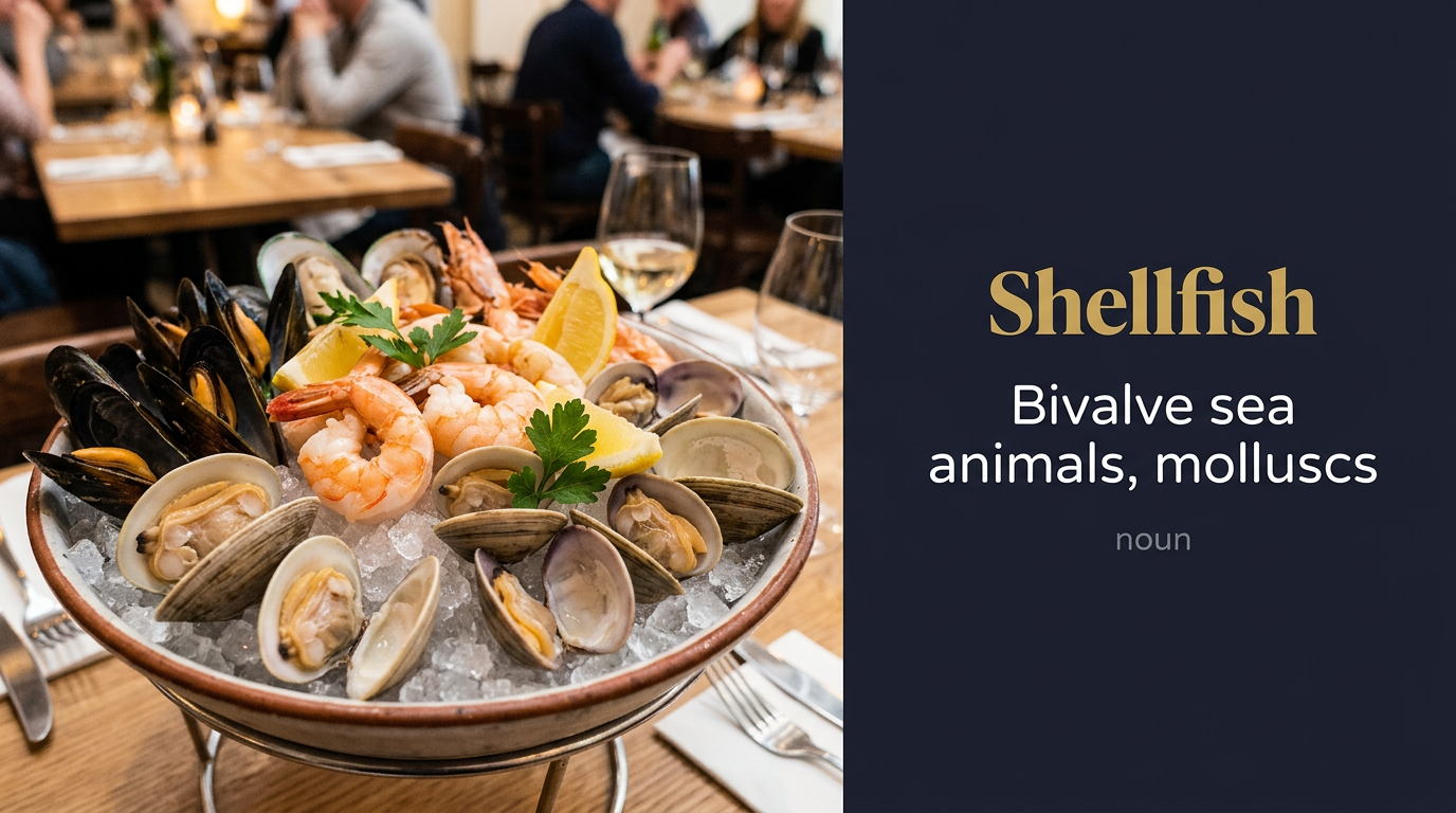 صورة توضيحية لمعنى كلمة Shellfish (حيوانات بحرية ذات أصداف مثل الجمبري والمحار)