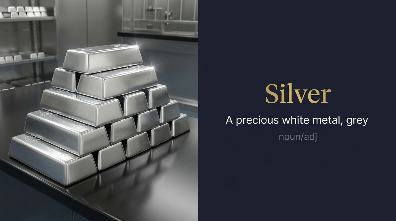 Silver (معدن ثمين) — illustrated meaning of the English word Silver on GL Dictionary