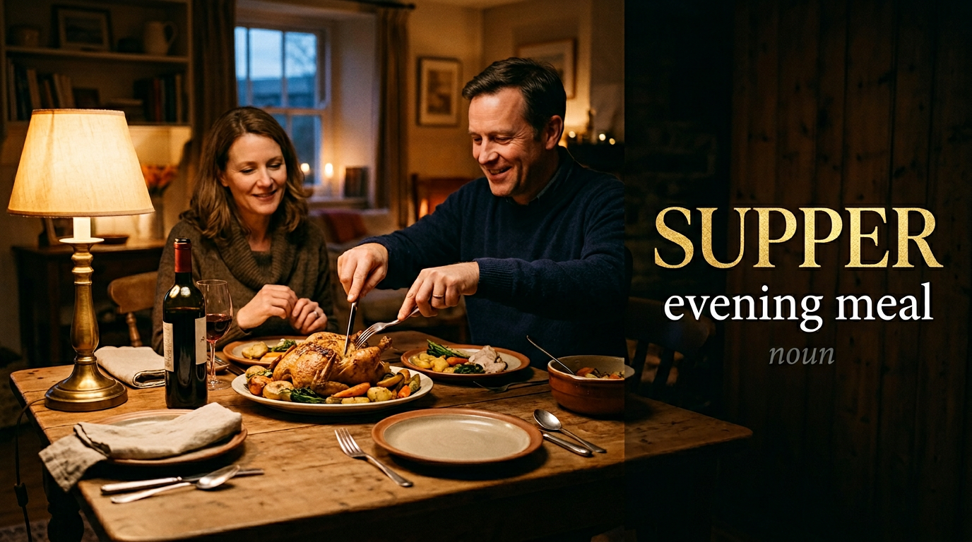 Supper (وجبة العشاء) — illustrated meaning of the English word Supper on GL Dictionary