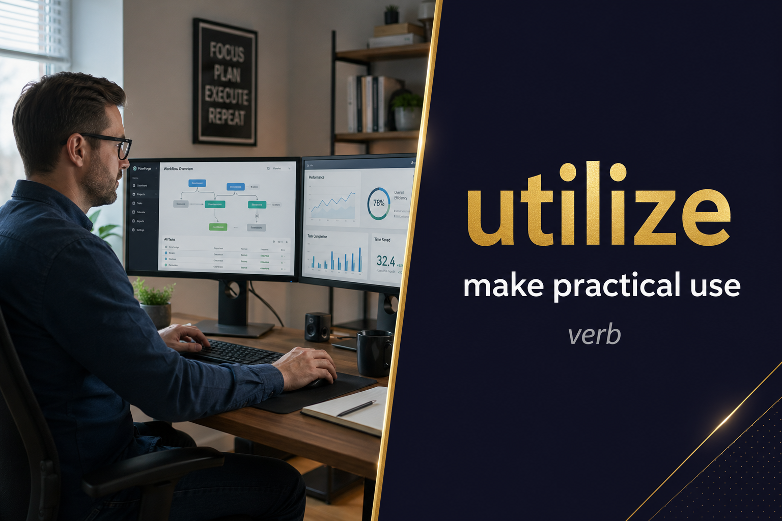 Utilize (يستخدم بذكاء) — illustrated meaning of the English word Utilize on GL Dictionary