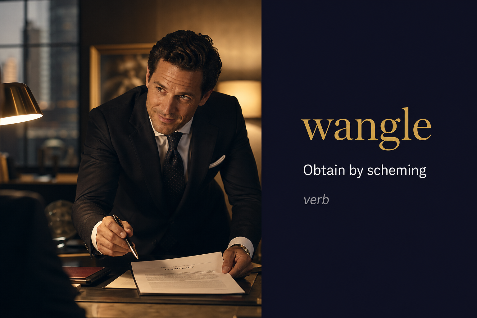 Wangle (يحصل على شيء) — illustrated meaning of the English word Wangle on GL Dictionary
