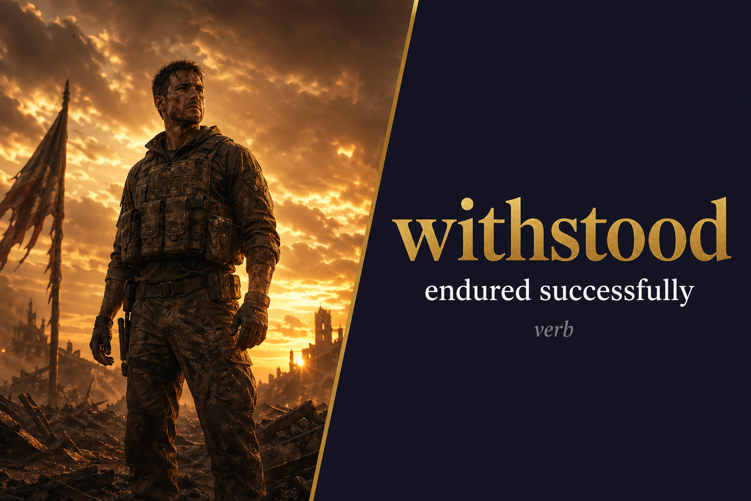 Withstood (قاوم أو تحمل) — illustrated meaning of the English word Withstood on GL Dictionary