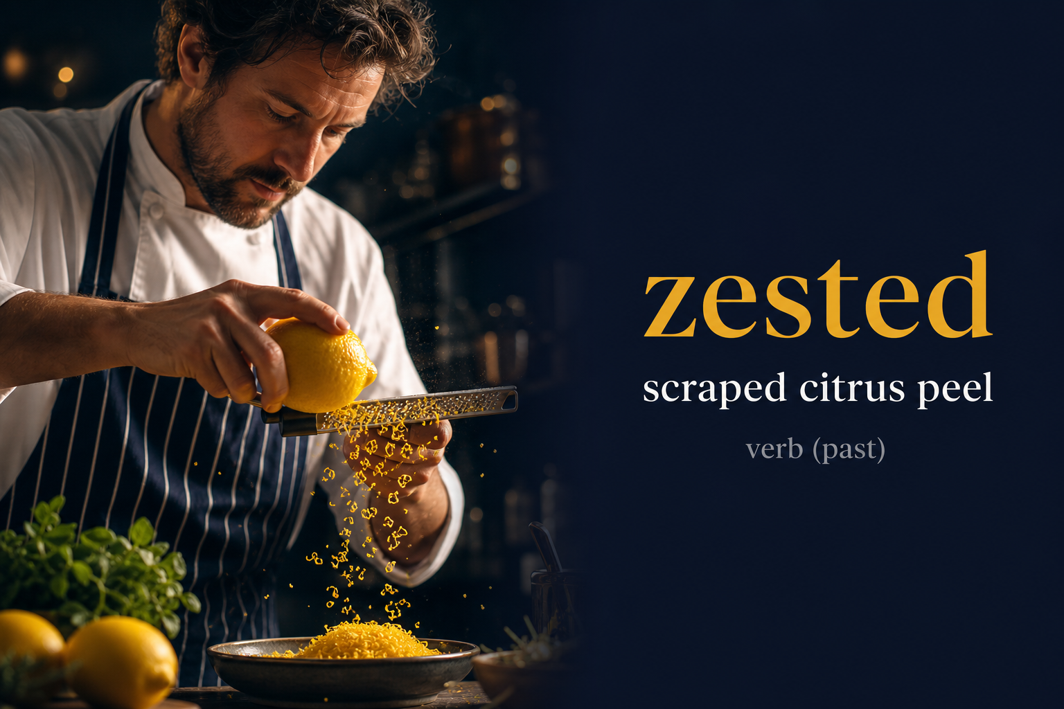 Zested (مبشور أو مقشّر) — illustrated meaning of the English word Zested on GL Dictionary